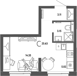 Планировка Студия, 25,63 м² в ЖК Страна.Энтузиастов